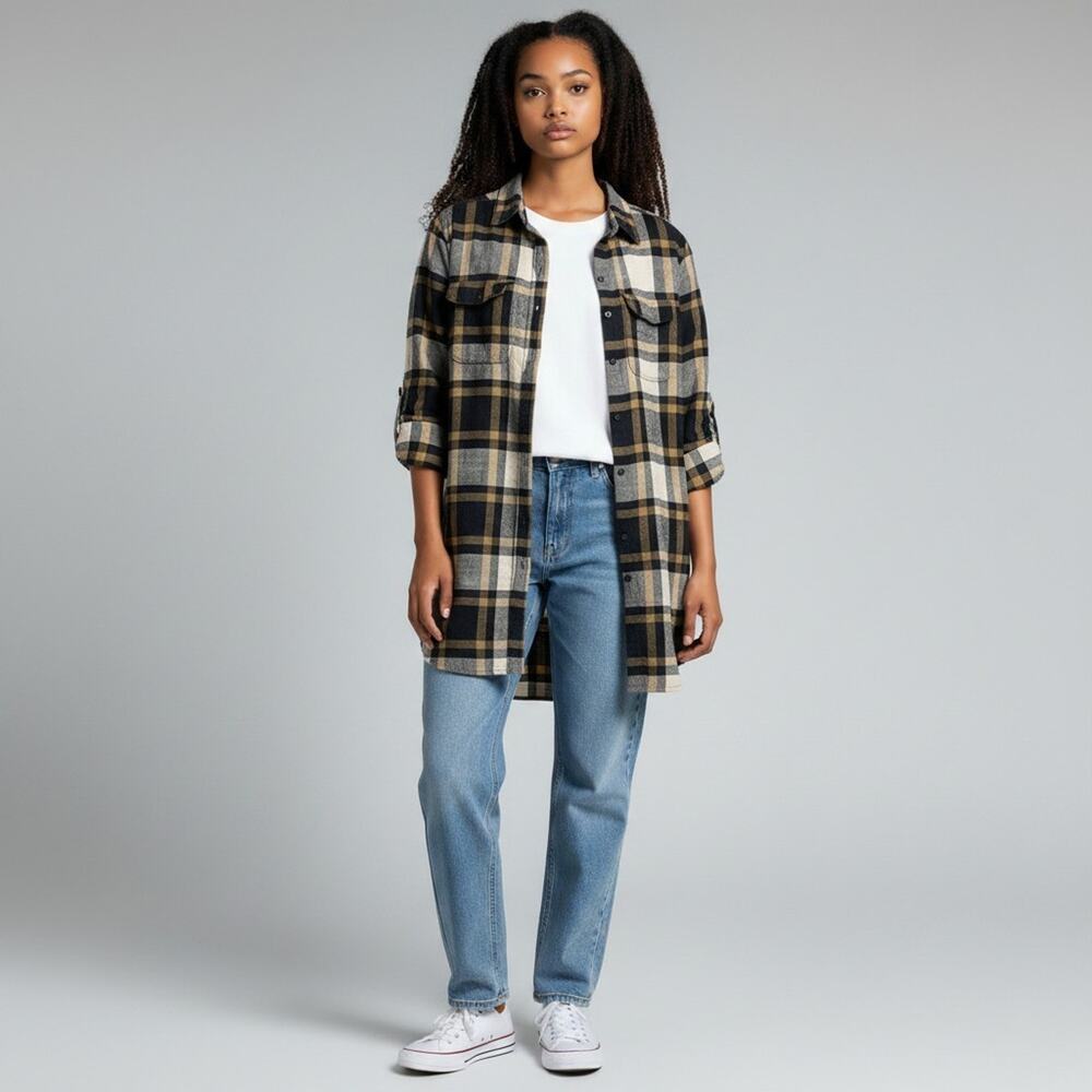 Loft Plaid Shacket XS Tan Brown Black Neutrals Button Up Shirt Layering Jacket